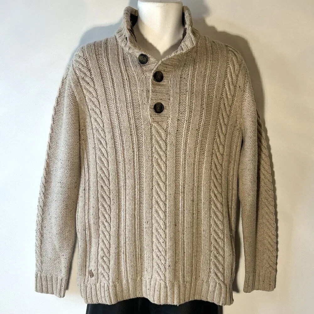 Rocha John Rocha SZM Khaki Lambs wool mock 1/4 chunky cable knit sweater …
